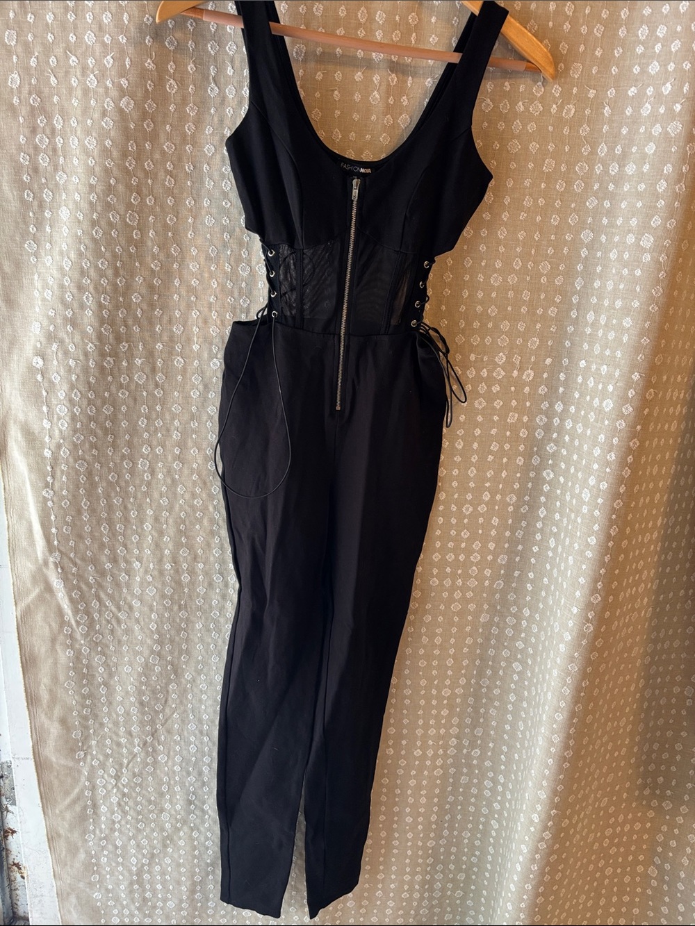 Fashion Nova Black Lace-Up Corset-Style Jumpsuit with Front Zip